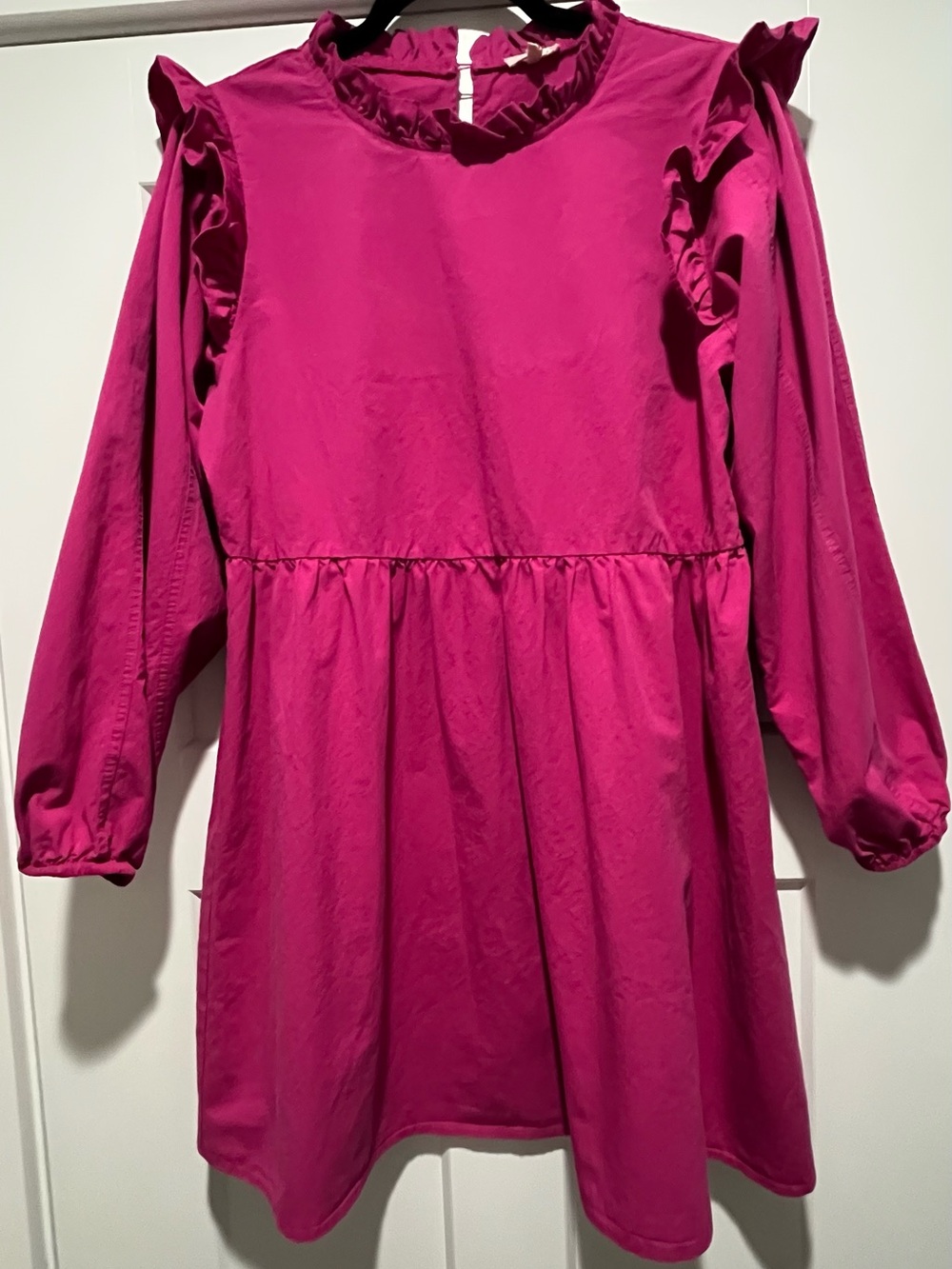 JODIFL Fuchsia Pink Ruffle Accent Long Sleeve 100 % Cotton Babydoll Dress Size L